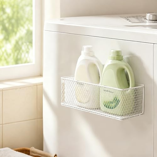 Magnetic Washer Shelf Organizer, White Magnetic Wire Basket with Strong Magnets, Metal Storage Shelf for Refrigerator, Washing Machine, Dryer, Kitchen and Laundry Room