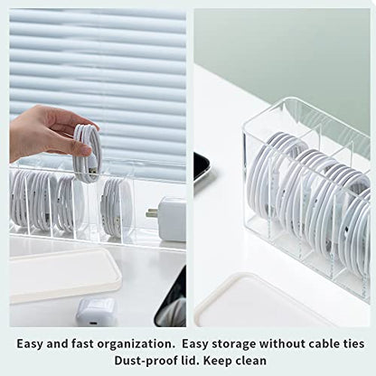 Charger Cable Cord Storage Organizer Box - Easy Storage Without Cable Ties | Stackable,with Lid,Dust-Proof,Space Saving,6 Standard Space and 1 Larger Space,for Home Office Desk Accessories Supplies