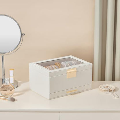 Lolalet Bracelet Holder Organizer with Clear Lid -White | Jewelry Display Box with Drawer, Fits Bangles, Bracelets & Watches, Great Gift for Her