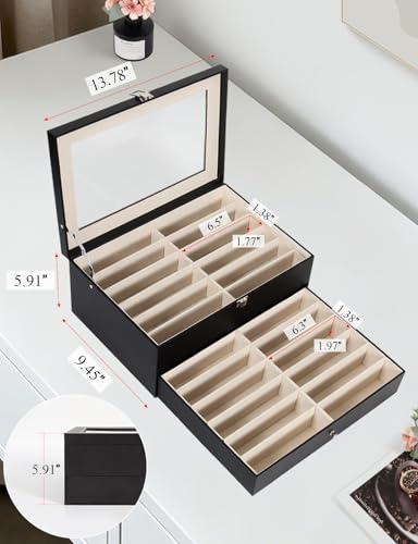 Sunglasses Storage Organizer Case with 24 Adjustable Slots, 2 Layer Multi Eyeglass Glasses Display Box with Lid Women