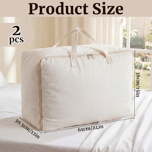 2 Pack 100% Cotton 24"x 15"x 12" White Canvas Sweater Comforter Storage Bag with Handles for Home Travel Beddings Pillow Blankets Saree Linens Organizer Thick Soft Breathable Closet Bags