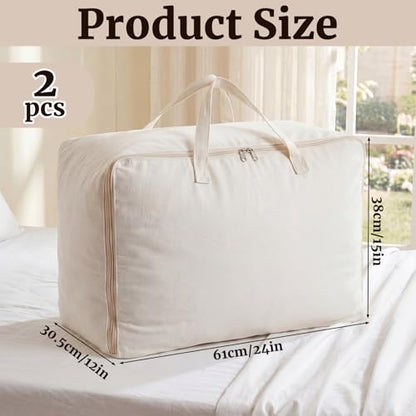 2 Pack 100% Cotton 24"x 15"x 12" White Canvas Sweater Comforter Storage Bag with Handles for Home Travel Beddings Pillow Blankets Saree Linens Organizer Thick Soft Breathable Closet Bags