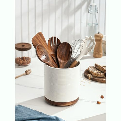 Utensil Holder, 360° Rotating Extra Large Ceramic Kitchen Utensil Holder for Countertop, 7.3“ Cooking Utensil Crocks for Kitchen Counter with Rotatable Wooden Base, Farmhouse Decor, White