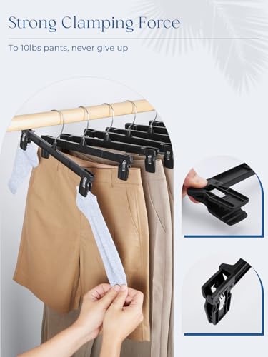 Smartor Black Pants Hangers 30 Pack, Plastic Hangers with Clips, 10 Inch | Compact Skirt Hangers for Dorms, Small Closets and Folded Pants; Non-Slip Clips and Swivel Hooks Save Vertical Space