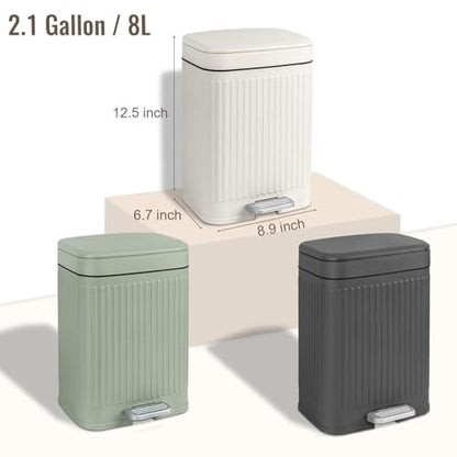 Small Bathroom Trash Can with Lid, 2.1 Gallon Soft Close Step Can, Cream | Slim Garbage Can with Pedal for Office, Bedroom & Kitchen, Narrow Plastic Waste Bin Container for Small Spaces