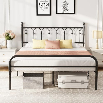 DUMOS Full Size Bed Frame Heavy Duty Metal Platform with 11.9" Under-Bed Storage, Heavy Duty Steel Slat Support with Iron-Art Headboard, No Box Spring Needed, Noise-Free, Modern Black