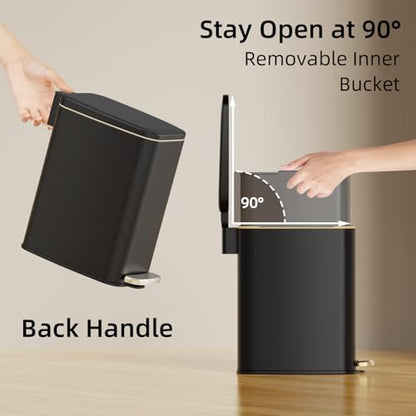 KSSKSS Small Bathroom Trash Can with Lid Soft Close, Step Pedal, 6L / 1.6 Gal Stainless Steel Garbage Bin with Removable Inner Bucket, Slim Wastebasket for Narrow Spaces (Black)