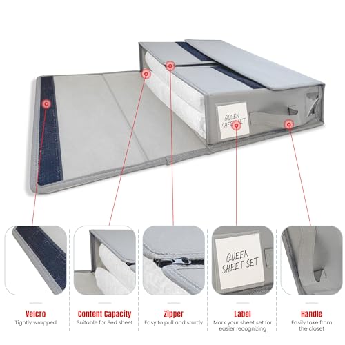 Bed Sheet Organizers and Storage, 4 Pack Sheet Folder Organizer, Linen Closet Organizer for Bedding Sheets, Duvet Covers and Pillow cases, Grey