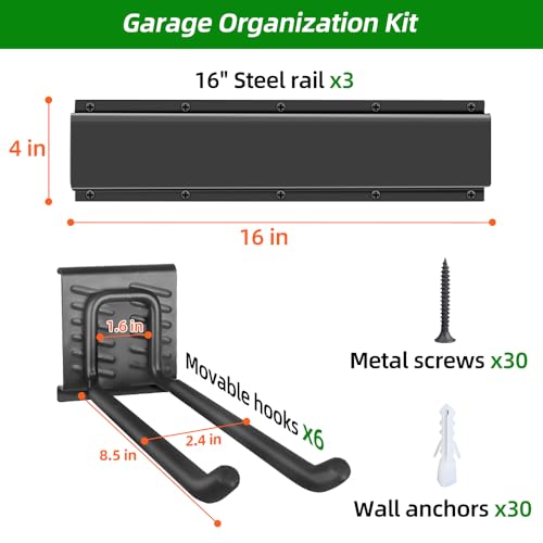 PIYILO Garage Wall Organizer, 48 inches Adjustable Garden Tool Organizer | Heavy-duty Alloy Steel, 360 LBS Load, Wear & Tear Resistant, Soft Anti-Scratch Hook Sleeves, For Lawn, Yard & Shed Storage
