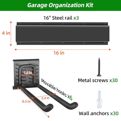 PIYILO Garage Wall Organizer, 48 inches Adjustable Garden Tool Organizer | Heavy-duty Alloy Steel, 360 LBS Load, Wear & Tear Resistant, Soft Anti-Scratch Hook Sleeves, For Lawn, Yard & Shed Storage