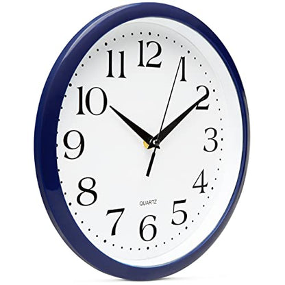 Bernhard Products Navy Wall Clock Silent Non Ticking - 10 Inch Quality Quartz Battery Operated Round Easy to Read Home/Kitchen/Office/Classroom/School Clock