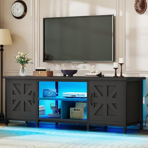 YITAHOME Farmhouse TV Stand with LED Lights & Charging Station, Black | Entertainment Center with Storage Cabinets & Shelves, Cross-Pattern Doors, Fits TVs up to 70'', TV Consoles for Living Room