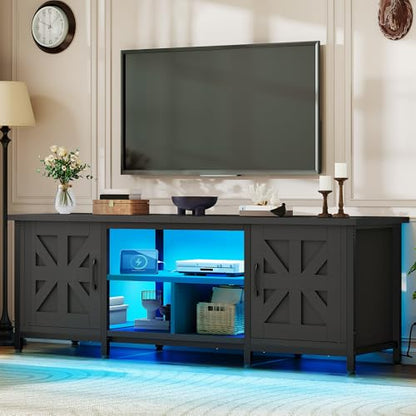 YITAHOME Farmhouse TV Stand with LED Lights & Charging Station, Black | Entertainment Center with Storage Cabinets & Shelves, Cross-Pattern Doors, Fits TVs up to 70'', TV Consoles for Living Room