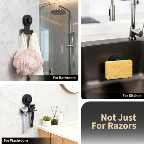 Suction Cup Razor and Shaver Holder for Shower Wall, Stainless Steel Reusable Suction Hook for Towel and Loofah, Damage-Free Installation (2, Matte Black)