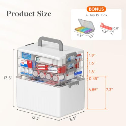 Lifewit 4-Tier Extra-Tall Medicine Cabinet Organizer with Handle& Pill Case | Deep Bottom Fits 7.1" Bottles, Portable Empty First Aid Box for Vitamin, Sewing, Tackle, Tool, Bathroom Under Sink Storage