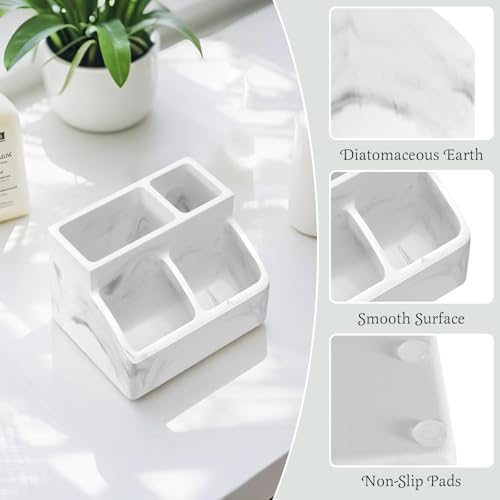 Luxspire Diatomite Toothbrush Holder, 4 Slots, Marble White | Fast Drying, Diatomaceous Earth, Electric Tooth Brush and Toothpaste Organizer, For Bathroom Kitchen Vanity Countertop