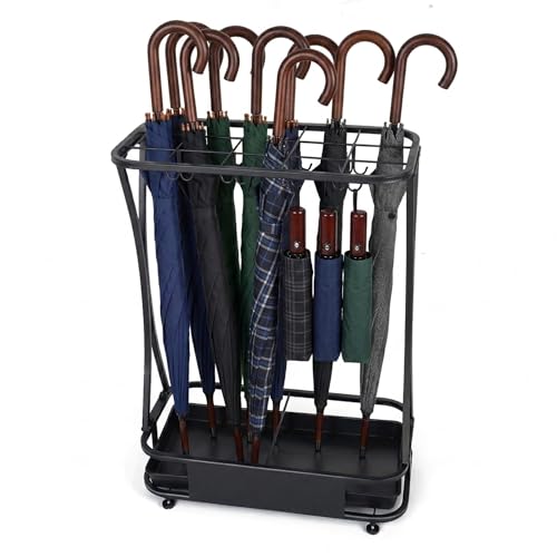 15 Slot Umbrella Stand with 8 Hooks – Heavy Duty Metal Indoor Umbrella Rack Holder with Removable Drip Tray – Large Commercial Entryway Organizer for Office, Lobby or Home
