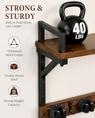 Lorbro Broom Holder Wall Mount with Cleaning Supplies Storage, Heavy Duty | 3 in 1 Broom and Mop Organizer Wall Hanging, Wooden Mop Organizer Hanger, Storage Shelves for Laundry Room, Garage