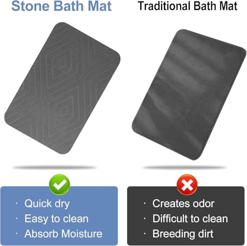 2 Pack Stone Bath Mat, Diatomaceous Earth Shower Mat, Non-Slip Super Absorbent Quick Drying Bathroom Kitchen Floor Mat, 24x15, Grey