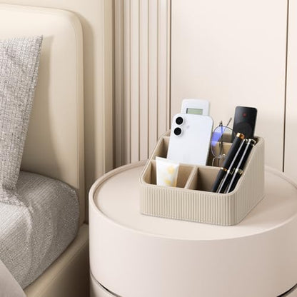 Small Remote Control Holder Bedside Nightstand Organizer Desk Caddy | 4 Compartments, Soft Velvet Lining, Decorative Modern Design, Aesthetic Stripes, Waterproof And Stain-Resistant