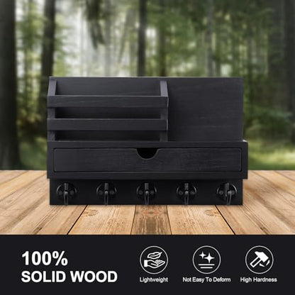 Key Holder Wall Mount, Mail Holder with Storage Drawer and 5 Key Hooks for Coat, Dog Leash, Home Decor Rack, House Accessories, Entry Way Organizer