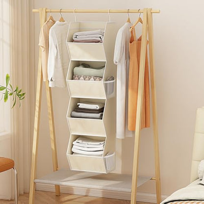 Hanging Closet Organizer 4 Shelf Collapsible Fabric Closet Organizers and Storage Hanging with Mesh Pocket for Clothes, Hanging Wardrobe Organizers and Storage for Sweater T-Shirt Shoes Toys, Beige