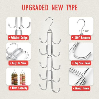 2 Pack Purse Organizer for Closet: Upgraded Purse Hanger with Large Hooks | 360 Degree Rotation for Organizer Display - Collapsible Space Saving Hangers Rack for Handbag Belt Scarve Tie - Silver