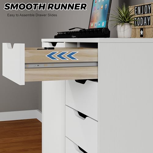 Panana 5-Drawer Chest with 1 Door, Wooden Chest of Drawers Storage Dresser Cabinet with Wheels, Office Organization and Storage, Bedroom Furniture (White-S)