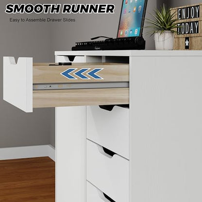 Panana 5-Drawer Chest with 1 Door, Wooden Chest of Drawers Storage Dresser Cabinet with Wheels, Office Organization and Storage, Bedroom Furniture (White-S)