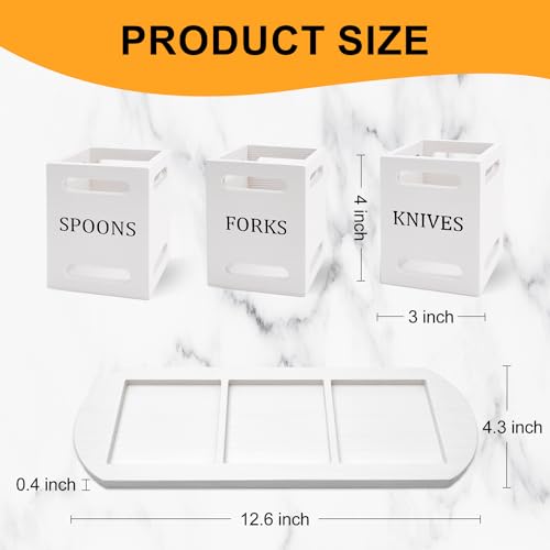 Wooden Flatware Silverware Caddy for Party Cutlery Utensil Holder Counter | Wood Silverware Organizer Countertop Knife Fork and Spoon Holder Table Utensil Caddy Basket White Kitchen Decor Accessories