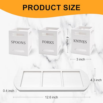 Wooden Flatware Silverware Caddy for Party Cutlery Utensil Holder Counter | Wood Silverware Organizer Countertop Knife Fork and Spoon Holder Table Utensil Caddy Basket White Kitchen Decor Accessories