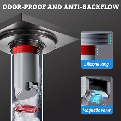 Odor-Proof Shower Drain Plug - Backflow Preventer with Magnetic Closure Valve, Hair Catcher, and Silicone Reducer Ring, Fits 1.9''-3.9'' ID Drains, Sewers, and Pipes