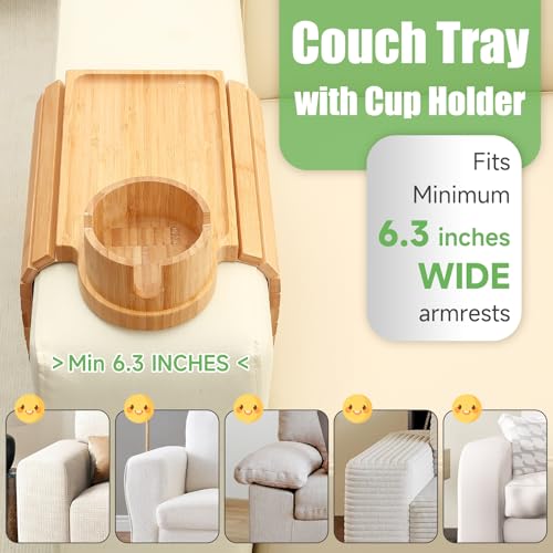 Couch Cup Holder Tray,Large Bamboo Couch Armrest Table with Cup Holder,Foldable Anti-Slip Sofa Arm Tray for Coffee Cup,Water Bottles,Mug,Snacks,Remote
