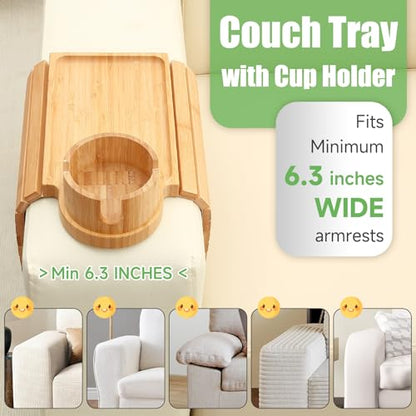 Couch Cup Holder Tray,Large Bamboo Couch Armrest Table with Cup Holder,Foldable Anti-Slip Sofa Arm Tray for Coffee Cup,Water Bottles,Mug,Snacks,Remote