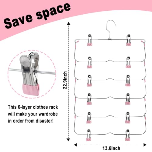 Skirt Pants Hangers with Clips,6Tier Skirt Hangers Space Saving,Metal Multi Pants Hangers and Storage Multi Clothes Shorts Hanger Organization,Space Saving Hangers with Clips (Pink, 2-Piece Set)