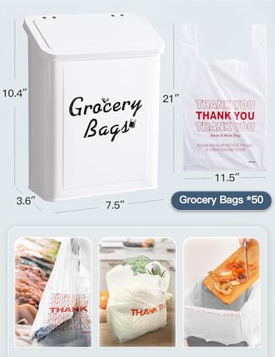 Metal White Magnetic Grocery Bags Holder, Farmhouse Wall Mount Plastic Bag Holder with 50pcs Shopping Bags, Trash Bag Dispenser for Kitchen, Garage, Laundry Room