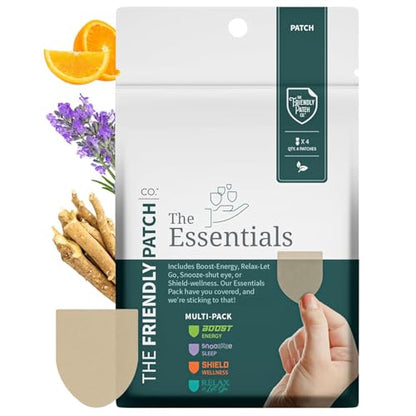 The Friendly Patch Travel Essentials Multi-Pack includes 8 Patches: Snooze Sleep Patches, Ashwagandha calm, Boost Energy Patch, and Shield for Sleeping, Relaxing, and Energy.