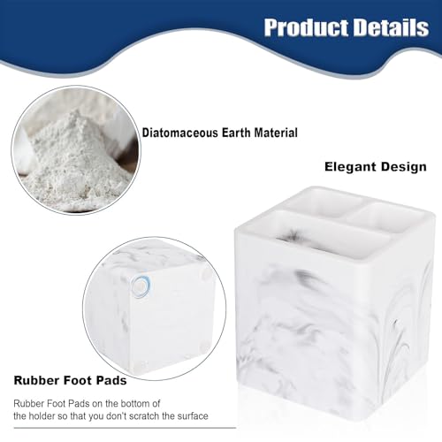 Diatomite Toothbrush Holders Tooth Brush Organizer, 2 Pack, Marble White | Water-Absorbent Material, 3 Slots for Electric Toothbrush and Toothpaste, for Bathroom Countertop, Shower, Vanity