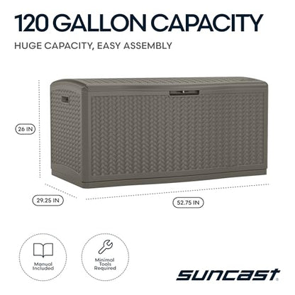 Suncast XL Deck Box, 124 Gal, Resin Wicker, Pad-Lockable Lid, Stoney Gray