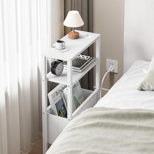 Narrow Side Table with Charging Station Slim End Table Sofa with Magazine Rack, Bedside Table for Small Spaces, 3 Tier Nightstand for Living Room Couch, Bedroom White LET503WE