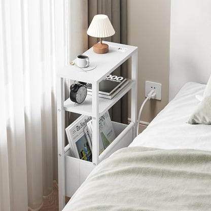 Narrow Side Table with Charging Station Slim End Table Sofa with Magazine Rack, Bedside Table for Small Spaces, 3 Tier Nightstand for Living Room Couch, Bedroom White LET503WE