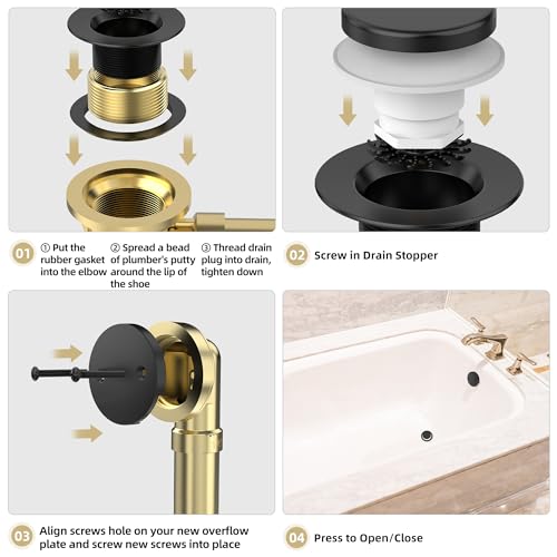 Tip-Toe Bathtub Drain Kit with Hair Catcher, Matte Black | 2-Hole Overflow Faceplate, Solid Brass, 5-Layer Plated, Fits 1.5"/1.75" Drains, For Bathroom Remodel, Matches Fixtures