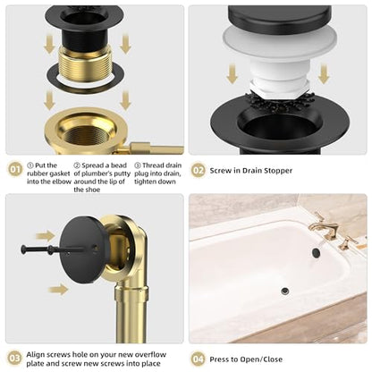 Tip-Toe Bathtub Drain Kit with Hair Catcher, Matte Black | 2-Hole Overflow Faceplate, Solid Brass, 5-Layer Plated, Fits 1.5"/1.75" Drains, For Bathroom Remodel, Matches Fixtures