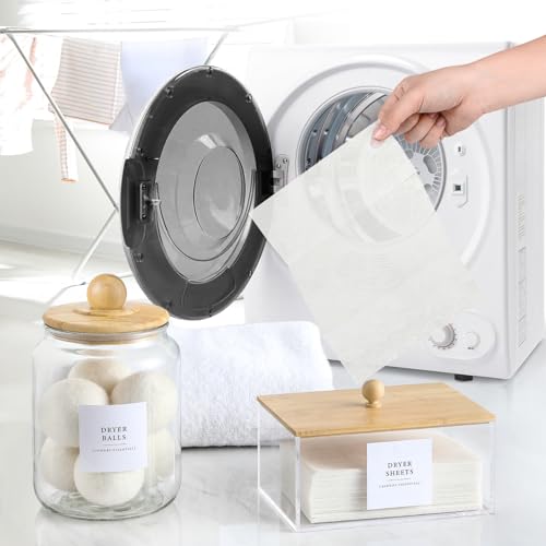 Glass Jars and Dryer Sheet Holder with Bamboo Lids, Dispenser Set and Labels, Containers for Laundry Room Organization and Storage, Half Gallon Airtight jars, Acrylic Storage Box for Laundry supplies