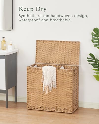 SETVSON Laundry Hamper with Lid Laundry Basket 132 L PE Rattan Natural | Decorative PE Rattan Furniture Look for Bedroom, Large Sorting Hamper with Lid, 4 Liners, 6 Mesh Bags, Steel Frame