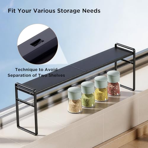 Expandable Narrow Shelf Organizer with 2-Level Adjustable Height | Black, Tall Countertop Organizer for Tight Spaces, Windowsill Plant Stand, Over-Sink/Faucet Shelf, Kitchen Counter Storage