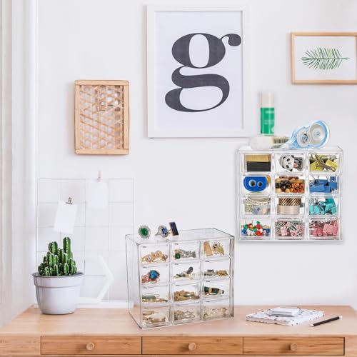 2 Pack Mini Desk Organizer with 12 Removable Drawers, Clear Plastic Desktop Drawer Organizer, Desk Craft Storage Box for DIY Crafts, Art Supply, Office, Cosmetic, Jewelry
