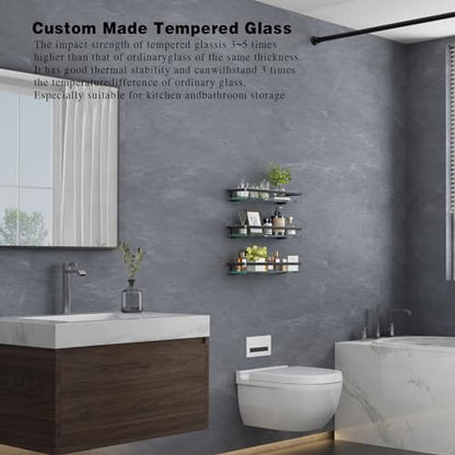 Bathroom Wall Shelf 15.7in Bathroom Glass Shelves Wall Mount Glass Shelf Rustproof Bathroom Wall Organizer 3 Tier (Black)