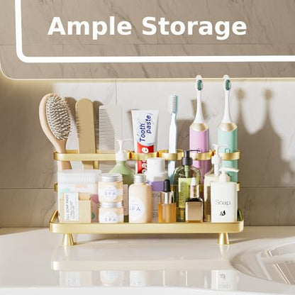 Electric Toothbrush Holder for Bathroom Countertop 5 Metal Slots Toothpaste Razor Mouthwash Organizer, Gold