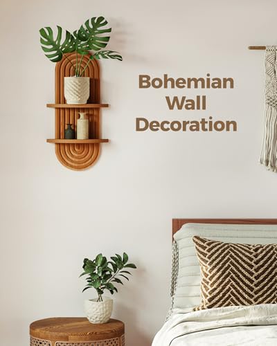 Bamworld Boho Wall Decor Plant Wall Shelf Wood Plant Holder 2 Tier Brown | Mid Century Modern Decor Hanging Plant Shelf Wooden Floating Shelves for Home Bedroom Living Room Holding Planter Decoration